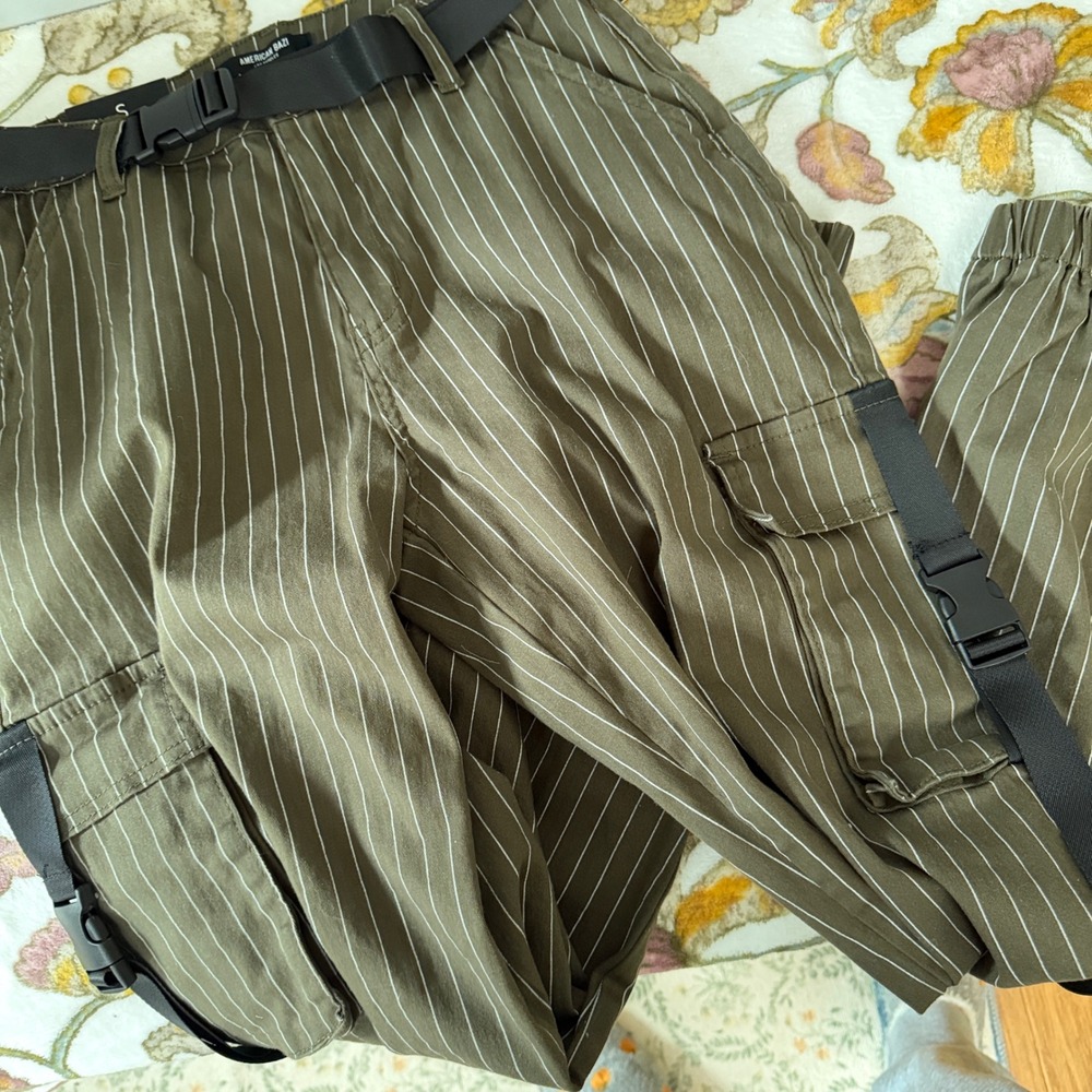 American Bazi Pinstripe Cargo Joggers Gorpcore Green Utility Techwear Belted - Picture 7 of 10